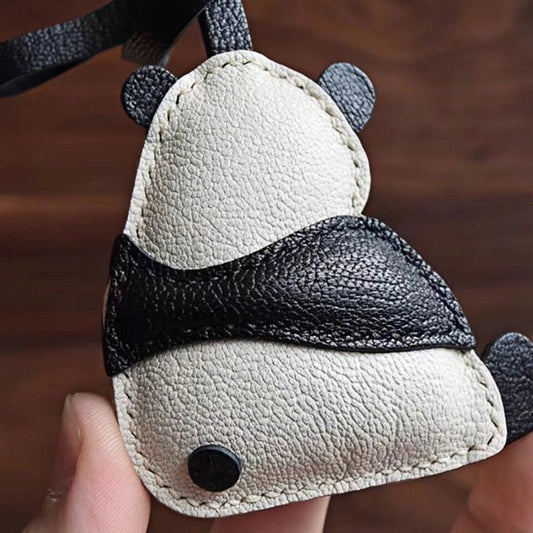 Hand - Stitched Panda Leather Bag Charm – Full - Grain Cowhide Keychain, Minimalist Black - and - White Design, Whimsical Gift for Her - shewearing