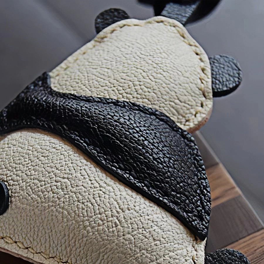 Hand - Stitched Panda Leather Bag Charm – Full - Grain Cowhide Keychain, Minimalist Black - and - White Design, Whimsical Gift for Her - shewearing