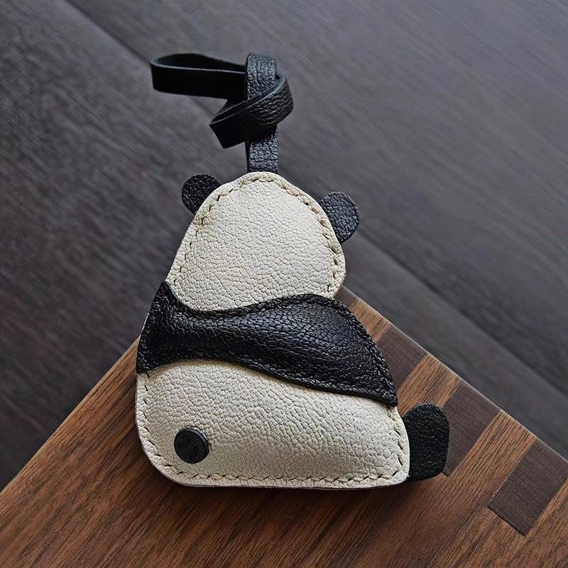 Hand - Stitched Panda Leather Bag Charm – Full - Grain Cowhide Keychain, Minimalist Black - and - White Design, Whimsical Gift for Her - shewearing