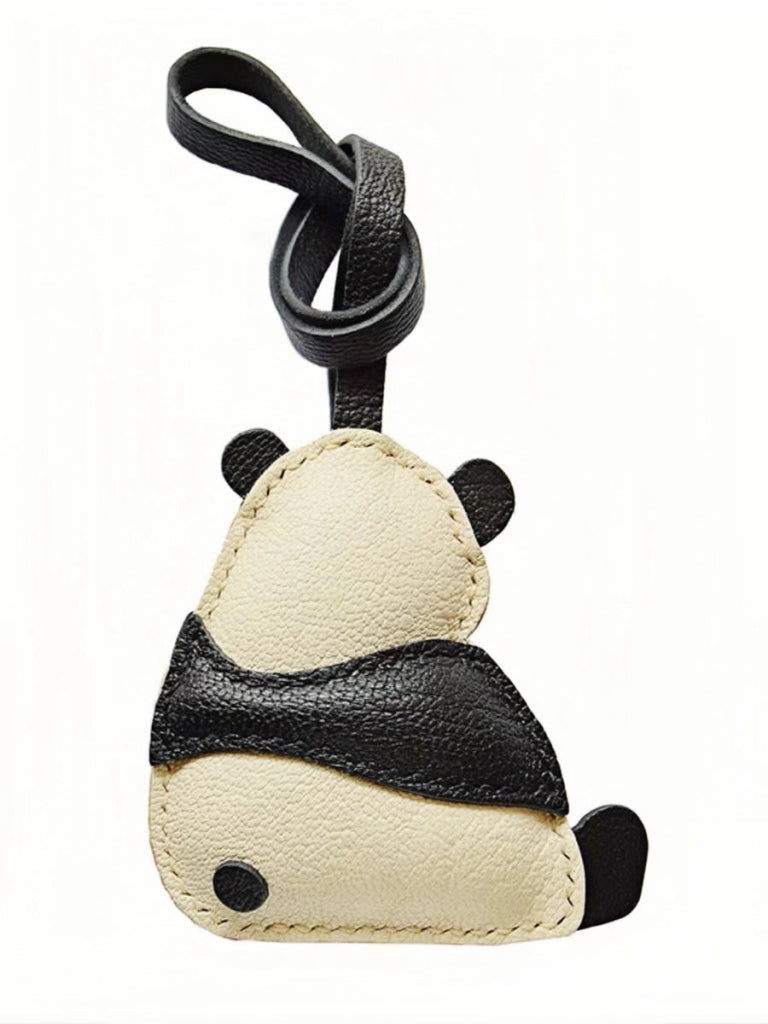 Hand - Stitched Panda Leather Bag Charm – Full - Grain Cowhide Keychain, Minimalist Black - and - White Design, Whimsical Gift for Her - shewearing