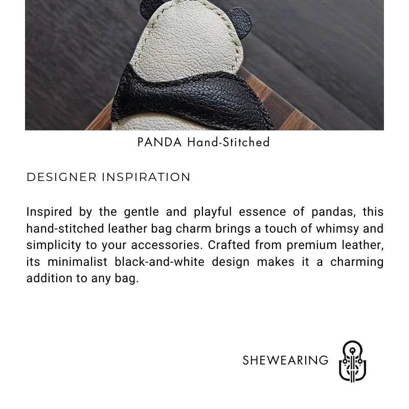 Hand - Stitched Panda Leather Bag Charm – Full - Grain Cowhide Keychain, Minimalist Black - and - White Design, Whimsical Gift for Her - shewearing