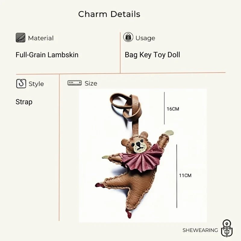 Handcrafted Ballet Bear Bag Charm – Full - Grain Lambskin, Elegant & Playful, Perfect Gift for Her - shewearing