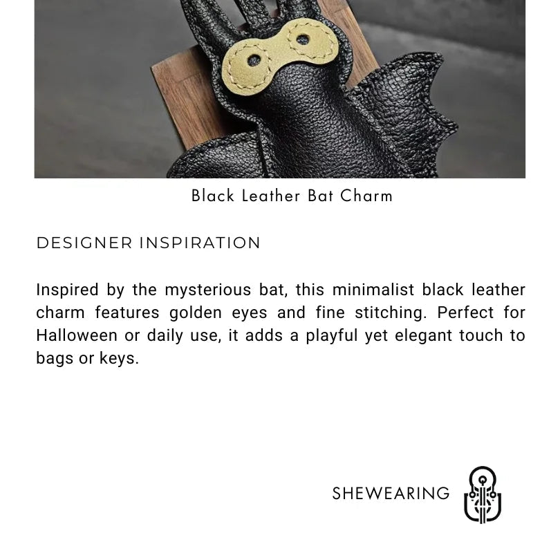 Handcrafted Black Leather Bat Charm – Playful Halloween - Inspired Keychain and Bag Accessory - shewearing