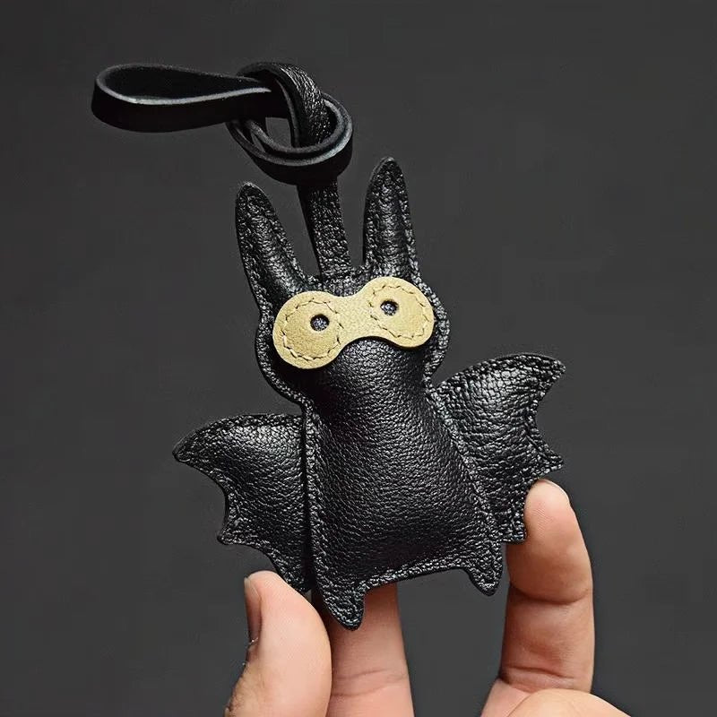 Handcrafted Black Leather Bat Charm – Playful Halloween - Inspired Keychain and Bag Accessory - shewearing