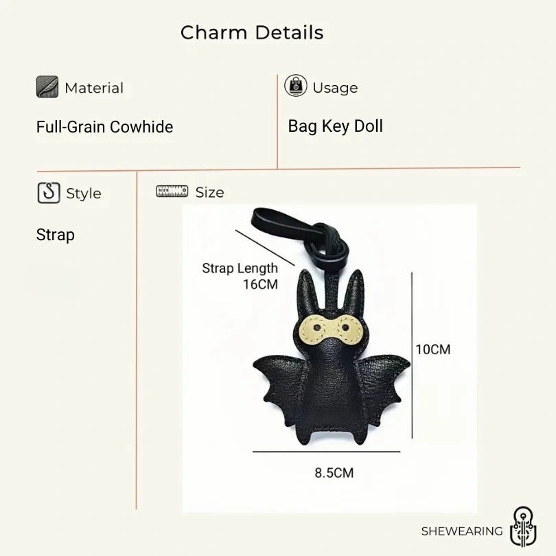 Handcrafted Black Leather Bat Charm – Playful Halloween - Inspired Keychain and Bag Accessory - shewearing