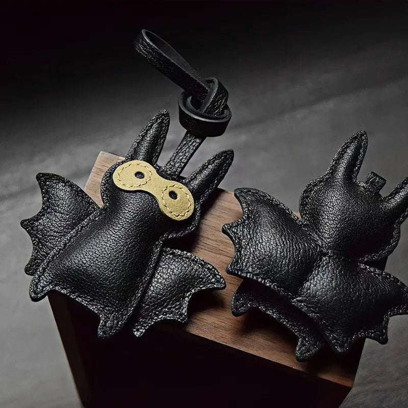 Handcrafted Black Leather Bat Charm – Playful Halloween - Inspired Keychain and Bag Accessory - shewearing