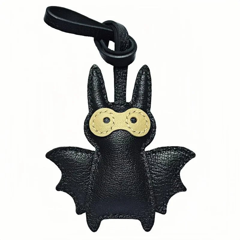 Handcrafted Black Leather Bat Charm – Playful Halloween - Inspired Keychain and Bag Accessory - shewearing