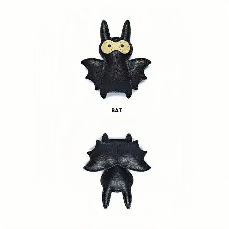 Handcrafted Black Leather Bat Charm – Playful Halloween - Inspired Keychain and Bag Accessory - shewearing