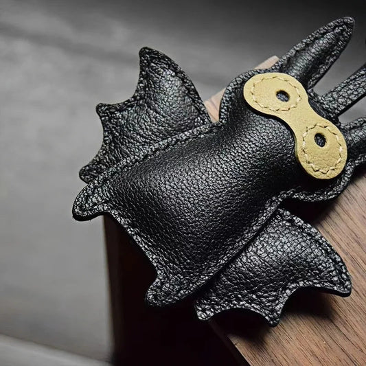 Handcrafted Black Leather Bat Charm – Playful Halloween - Inspired Keychain and Bag Accessory - shewearing