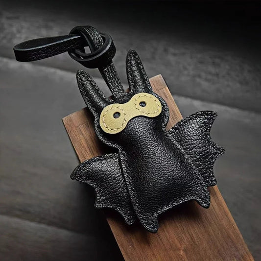 Handcrafted Black Leather Bat Charm – Playful Halloween - Inspired Keychain and Bag Accessory - shewearing