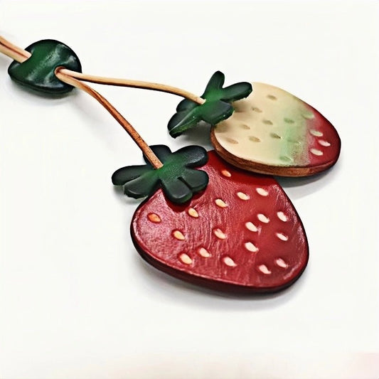 Handcrafted Genuine Leather Strawberry Bag Charm, Nordic - Style Fruit Design, Artisan Keychain, Car Accessory, Bookmark Decoration - shewearing