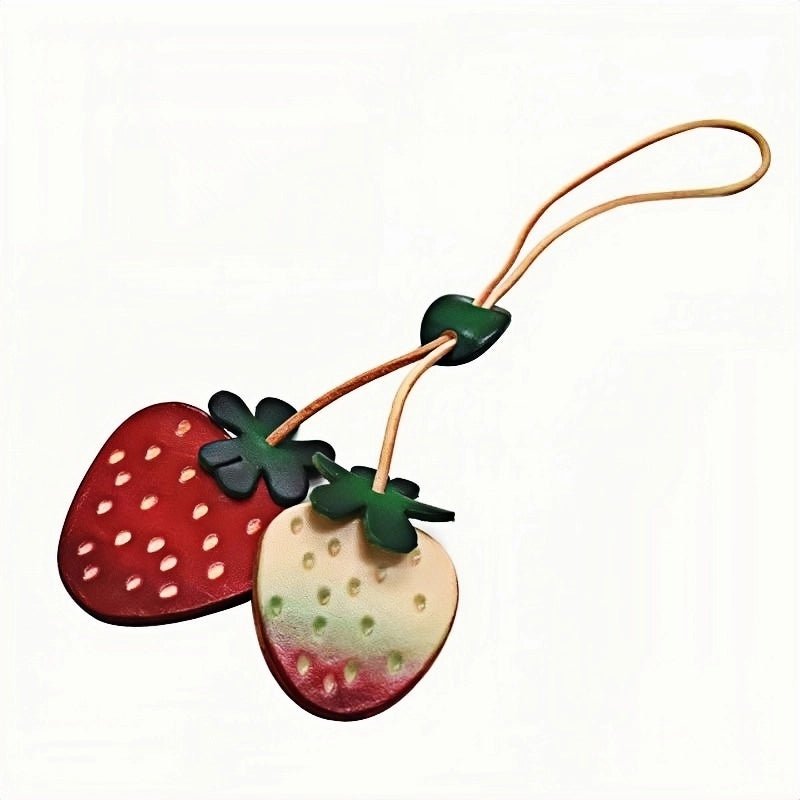 Handcrafted Genuine Leather Strawberry Bag Charm, Nordic - Style Fruit Design, Artisan Keychain, Car Accessory, Bookmark Decoration - shewearing