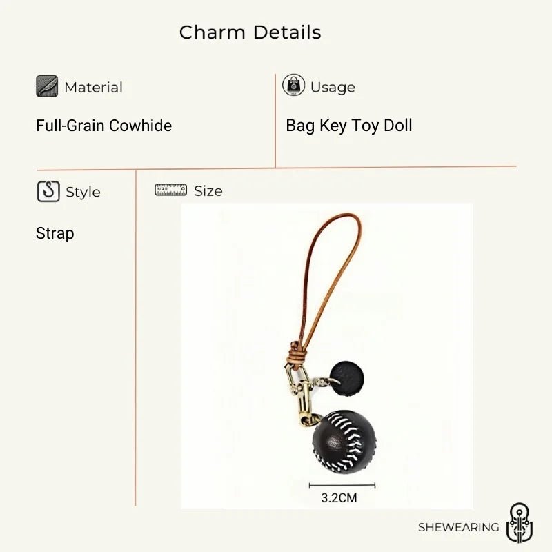 Handcrafted Leather Baseball Bag Charm – Genuine Cowhide, Keychain or Bag Accessory, Thoughtful Gift for Sports Lovers - shewearing