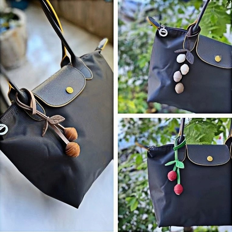 Handcrafted Leather Cherry Bag Charm – Full - Grain Cowhide, Nature - Inspired Design, Whimsical Accessory for Women, Elegant Gift Idea - shewearing