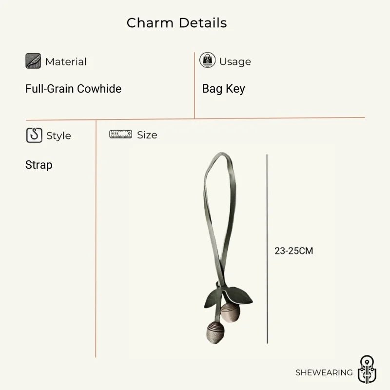 Handcrafted Leather Cherry Bag Charm – Full - Grain Cowhide, Nature - Inspired Design, Whimsical Accessory for Women, Elegant Gift Idea - shewearing