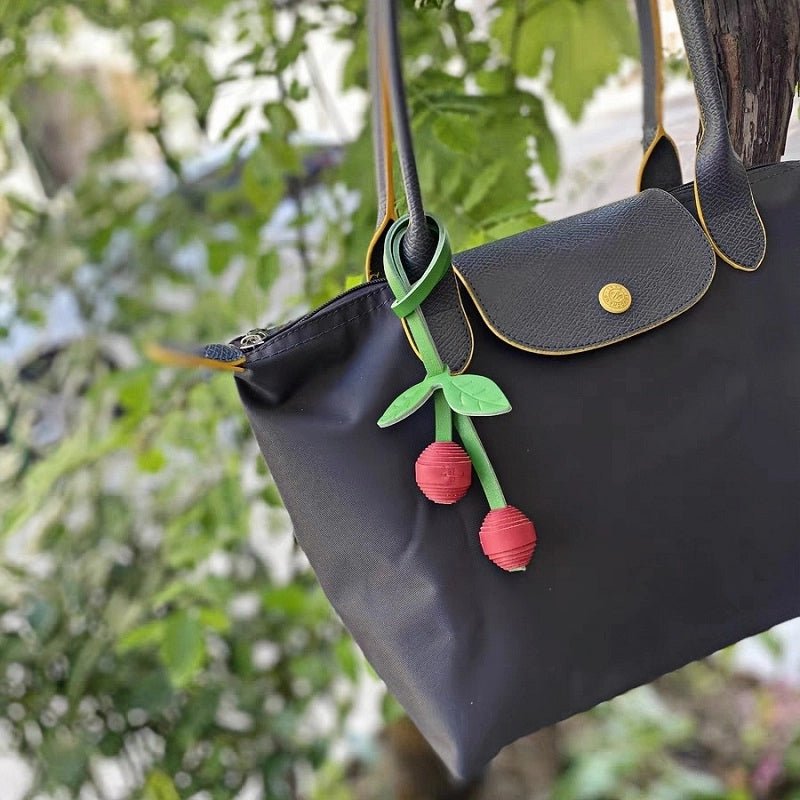Handcrafted Leather Cherry Bag Charm – Full - Grain Cowhide, Nature - Inspired Design, Whimsical Accessory for Women, Elegant Gift Idea - shewearing