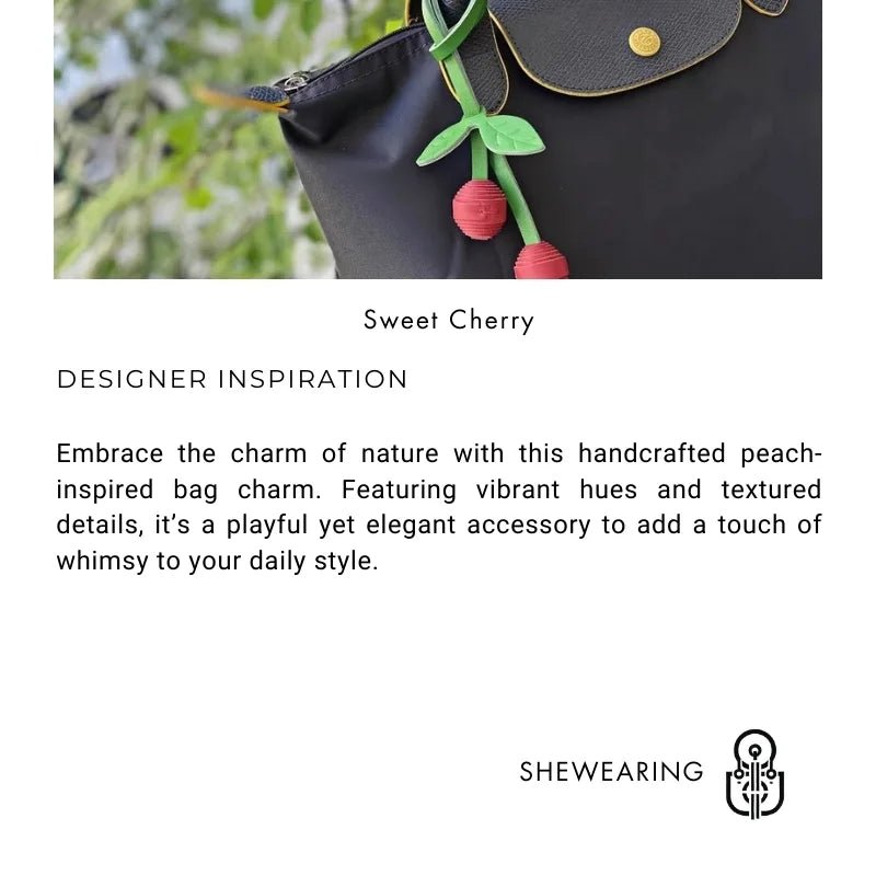 Handcrafted Leather Cherry Bag Charm – Full - Grain Cowhide, Nature - Inspired Design, Whimsical Accessory for Women, Elegant Gift Idea - shewearing