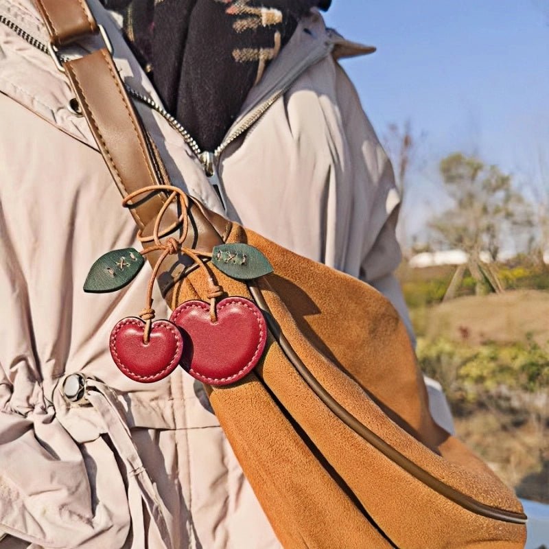 Handcrafted Leather Cherry Bag Charm – Premium Cowhide, Vibrant 3D Cherries, Stylish Accessory for Bags and Keys, Perfect Gift for Women - shewearing