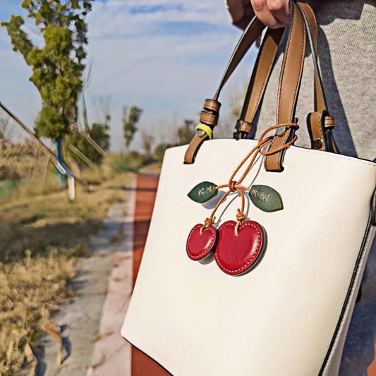 Handcrafted Leather Cherry Bag Charm – Premium Cowhide, Vibrant 3D Cherries, Stylish Accessory for Bags and Keys, Perfect Gift for Women - shewearing