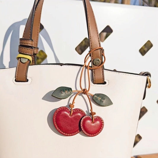 Handcrafted Leather Cherry Bag Charm – Premium Cowhide, Vibrant 3D Cherries, Stylish Accessory for Bags and Keys, Perfect Gift for Women - shewearing