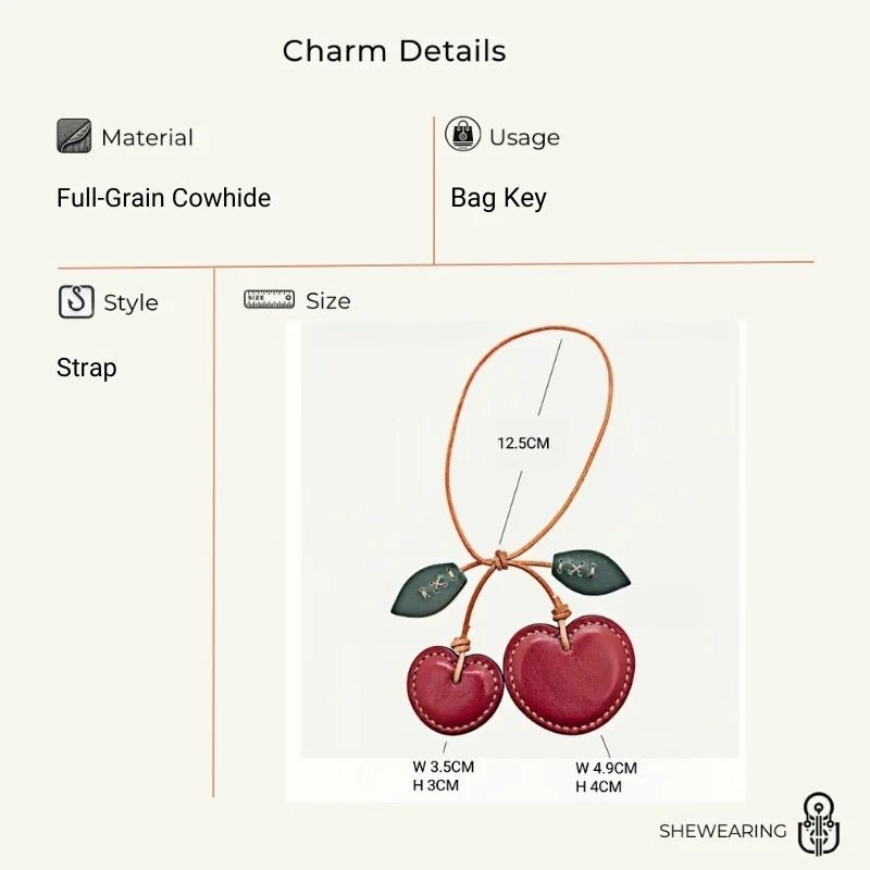 Handcrafted Leather Cherry Bag Charm – Premium Cowhide, Vibrant 3D Cherries, Stylish Accessory for Bags and Keys, Perfect Gift for Women - shewearing