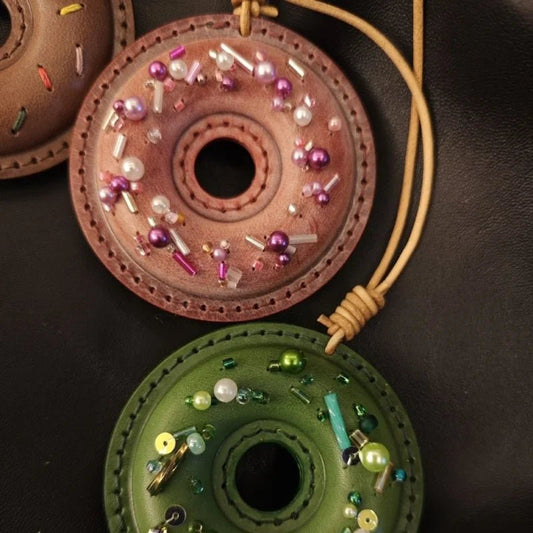 Handcrafted Leather Donut Bag Charm – Premium Full - Grain Leather Pendant with Beaded Sprinkles | Cute Donut Keychain | Whimsical Gift for Bags & Cars - shewearing