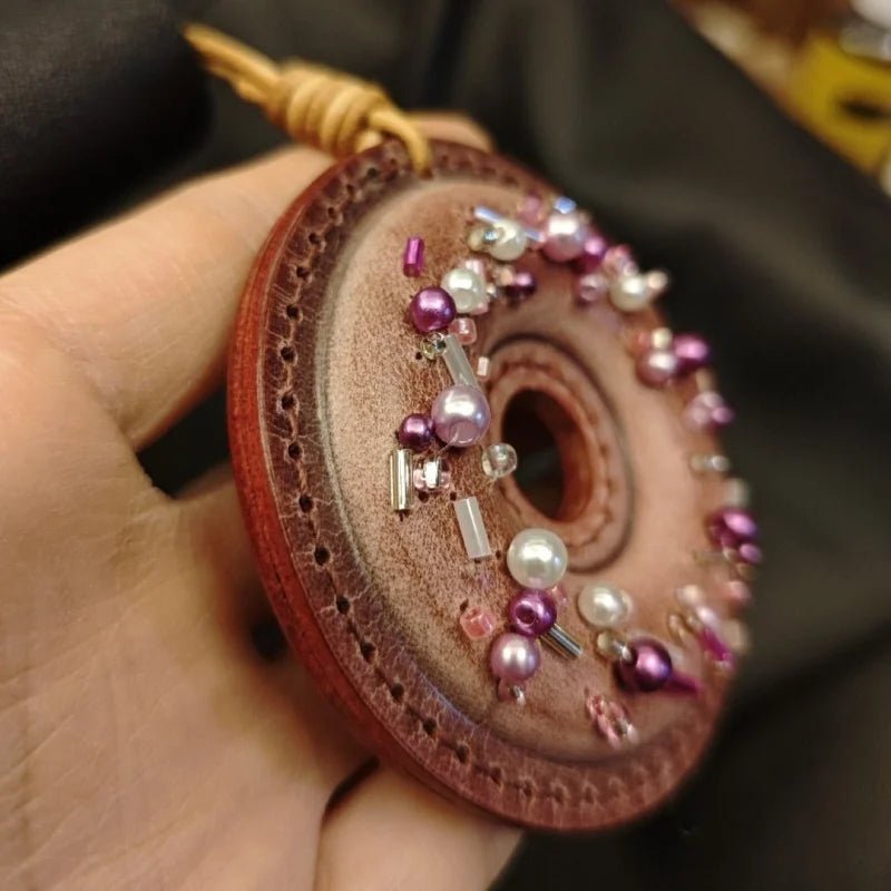 Handcrafted Leather Donut Bag Charm – Premium Full - Grain Leather Pendant with Beaded Sprinkles | Cute Donut Keychain | Whimsical Gift for Bags & Cars - shewearing