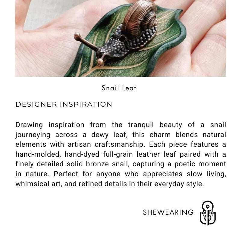 Handcrafted Leather Leaf & Bronze Snail Bag Charm – Unique Nature - Inspired Pendant | Artistic Handmade Accessory for Bags, Keys & Gifts - shewearing
