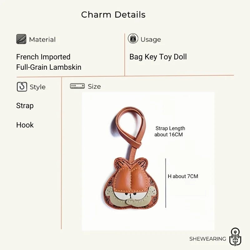 Handcrafted Leather Orange Cat Bag Charm – Cartoon Cat Design, Full - Grain Lambskin, Playful Accessory for Keys or Bags, Thoughtful Gift for Women - shewearing