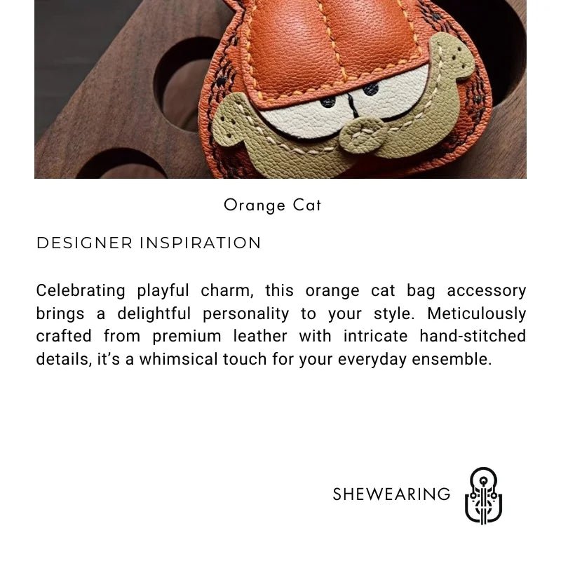 Handcrafted Leather Orange Cat Bag Charm – Cartoon Cat Design, Full - Grain Lambskin, Playful Accessory for Keys or Bags, Thoughtful Gift for Women - shewearing