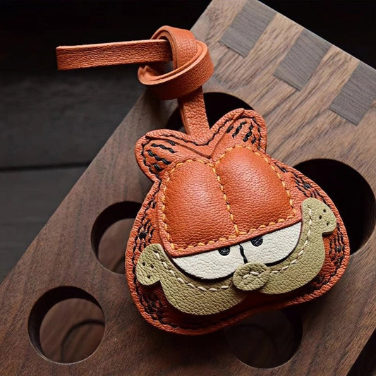 Handcrafted Leather Orange Cat Bag Charm – Cartoon Cat Design, Full - Grain Lambskin, Playful Accessory for Keys or Bags, Thoughtful Gift for Women - shewearing