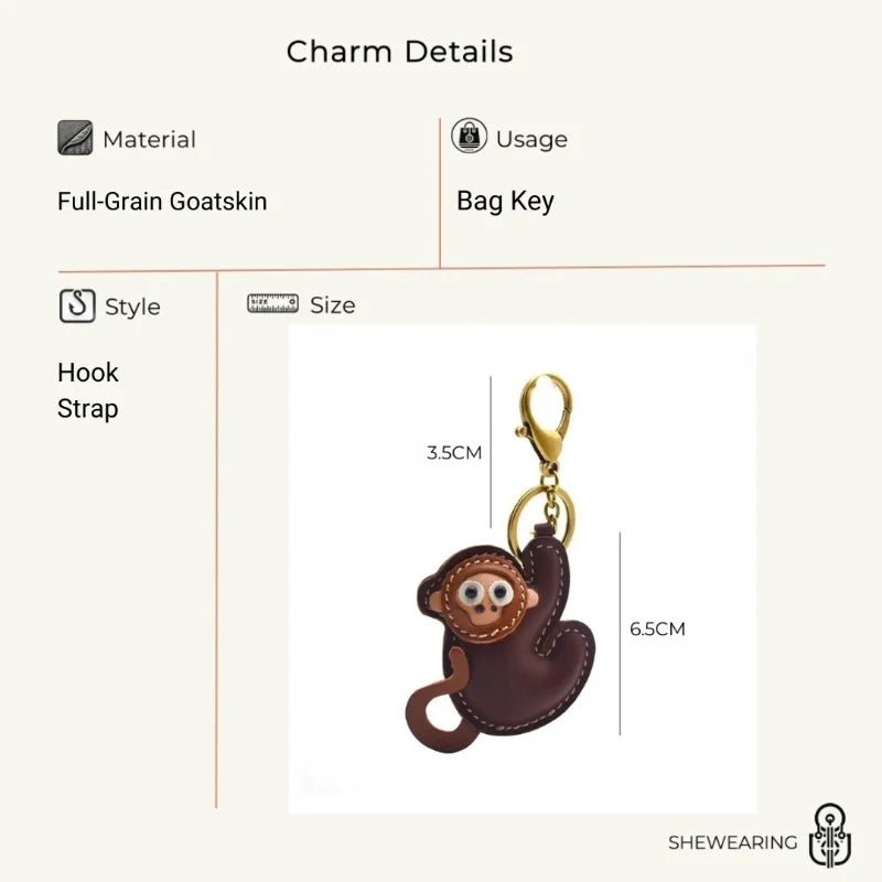 Handcrafted Lucky Monkey Leather Bag Charm – Full - Grain Leather Keychain | Zodiac Monkey Pendant | Car & Handbag Decoration - shewearing