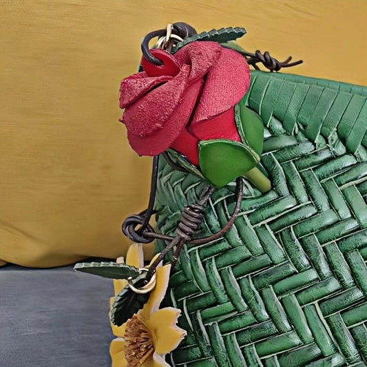 Handcrafted Nordic Rose Leather Bag Charm - Elegant Full - Grain Cowhide Flower Keychain and Bookmark for Bags - shewearing