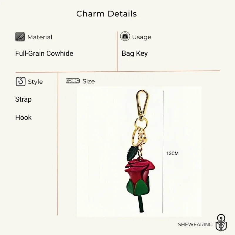 Handcrafted Nordic Rose Leather Bag Charm - Elegant Full - Grain Cowhide Flower Keychain and Bookmark for Bags - shewearing
