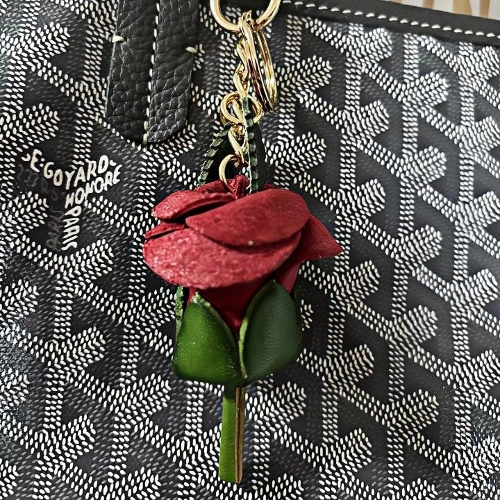 Handcrafted Nordic Rose Leather Bag Charm - Elegant Full - Grain Cowhide Flower Keychain and Bookmark for Bags - shewearing