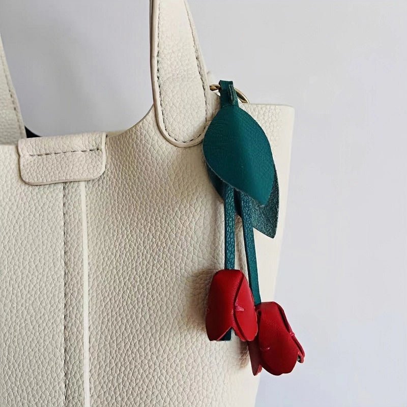 Handcrafted Pink Tulip Bag Charm in Premium French Lambskin – Elegant Floral Design for Bags and Keys, Artisan - Made Gift for Her - shewearing