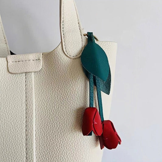 Handcrafted Pink Tulip Bag Charm in Premium French Lambskin – Elegant Floral Design for Bags and Keys, Artisan - Made Gift for Her - shewearing
