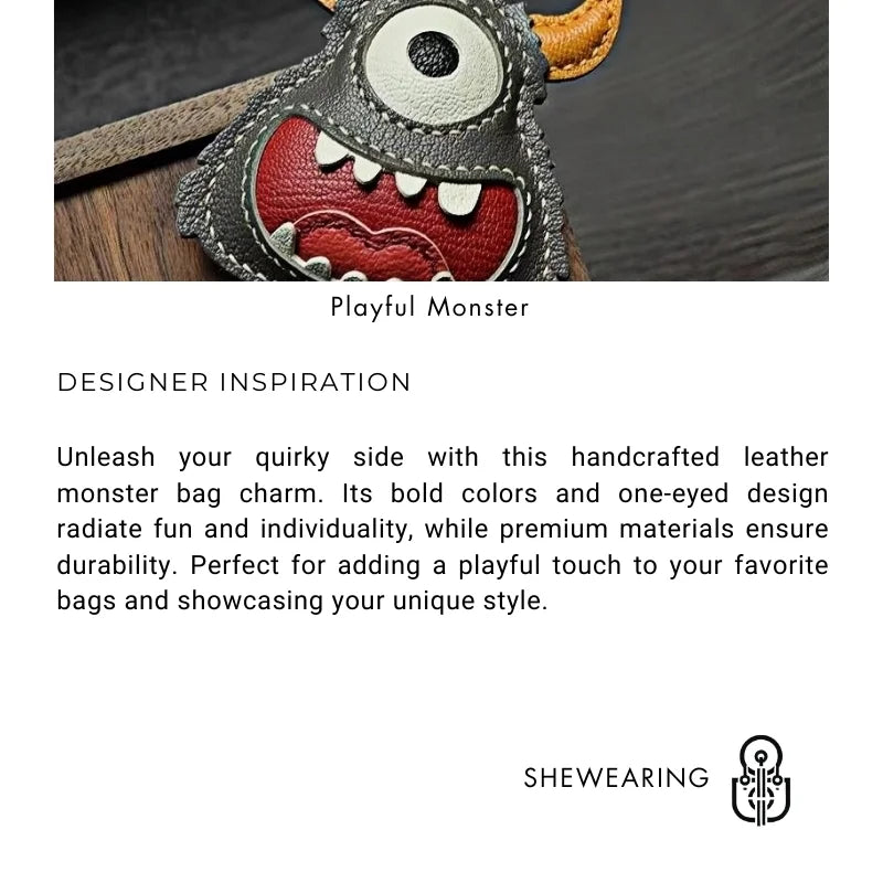 Handcrafted Playful Monster Bag Charm – French Full - Grain Goatskin, Creative Fun Design, Keychain and Bag Accessory, Perfect for Unique Gifting - shewearing