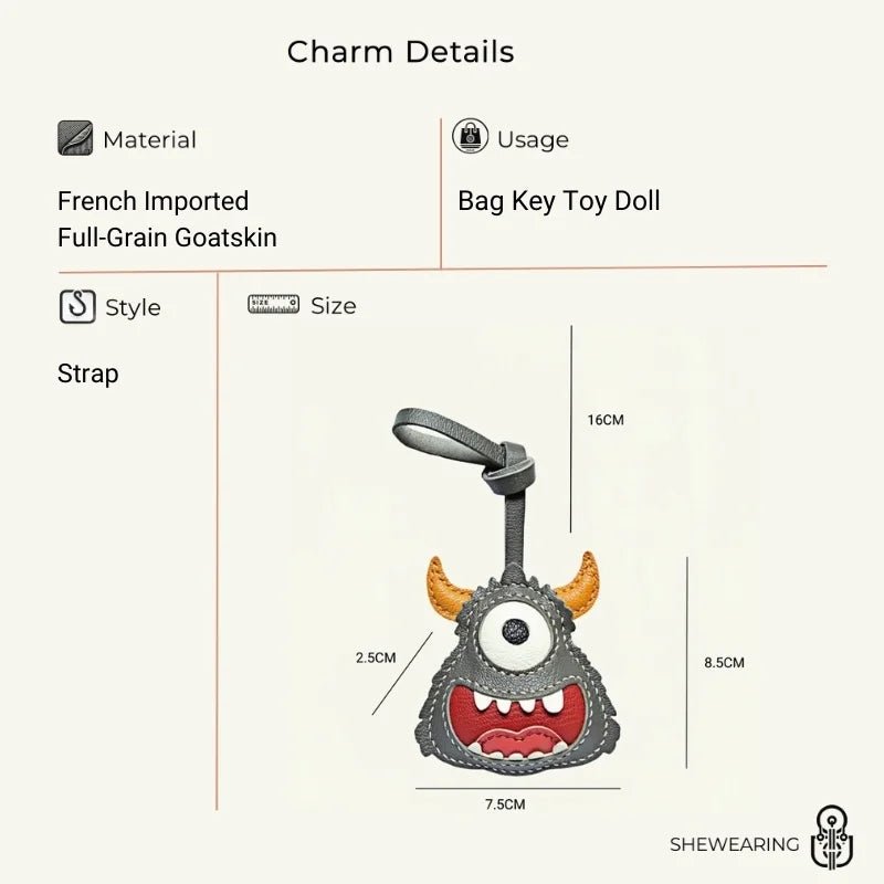 Handcrafted Playful Monster Bag Charm – French Full - Grain Goatskin, Creative Fun Design, Keychain and Bag Accessory, Perfect for Unique Gifting - shewearing