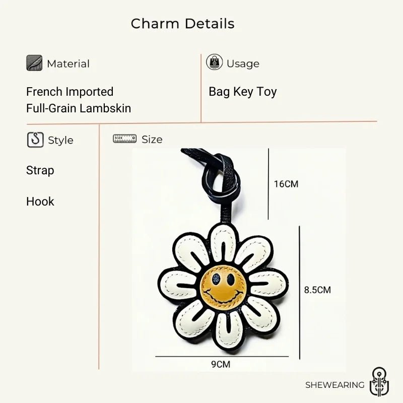 Handcrafted Sunflower Leather Bag Charm – Full - Grain Lambskin Keychain, Minimalist and Fashionable Gift for Women - shewearing