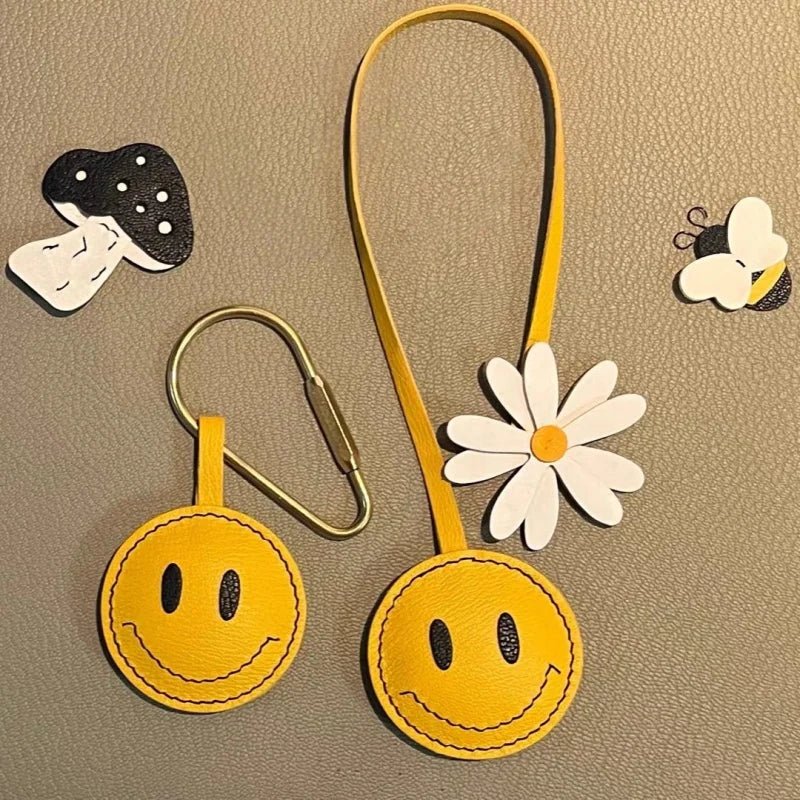 Handcrafted Yellow Face & Daisy Leather Bag Charm – Cute Keychain Accessory for Women | Summer Gift | Cheerful Flower Accent - shewearing