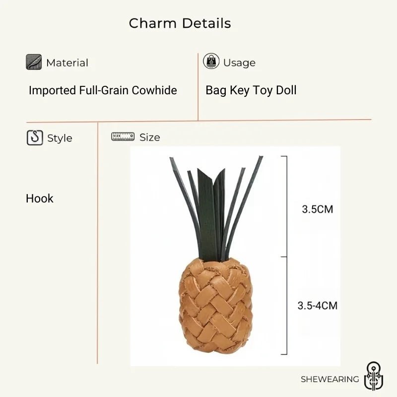 Handwoven Leather Pineapple Bag Charm – Full - Grain Cowhide Key Accessory, Creative and Tropical Vibes, Artisan Design - shewearing