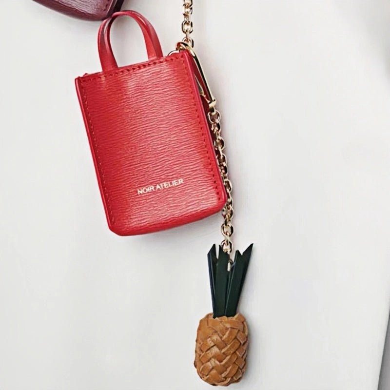 Handwoven Leather Pineapple Bag Charm – Full - Grain Cowhide Key Accessory, Creative and Tropical Vibes, Artisan Design - shewearing