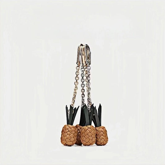 Handwoven Leather Pineapple Bag Charm – Full - Grain Cowhide Key Accessory, Creative and Tropical Vibes, Artisan Design - shewearing