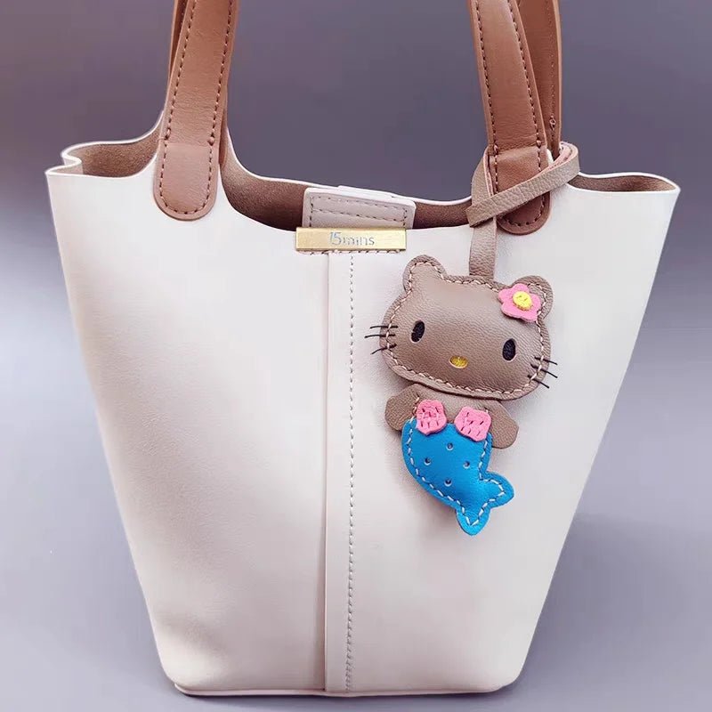 Mermaid Cat Leather Bag Charm – Handmade Genuine Leather Keychain | Cute Mermaid Pendant for Backpack, Purse & Car | Multi - Color Options for Girls - shewearing