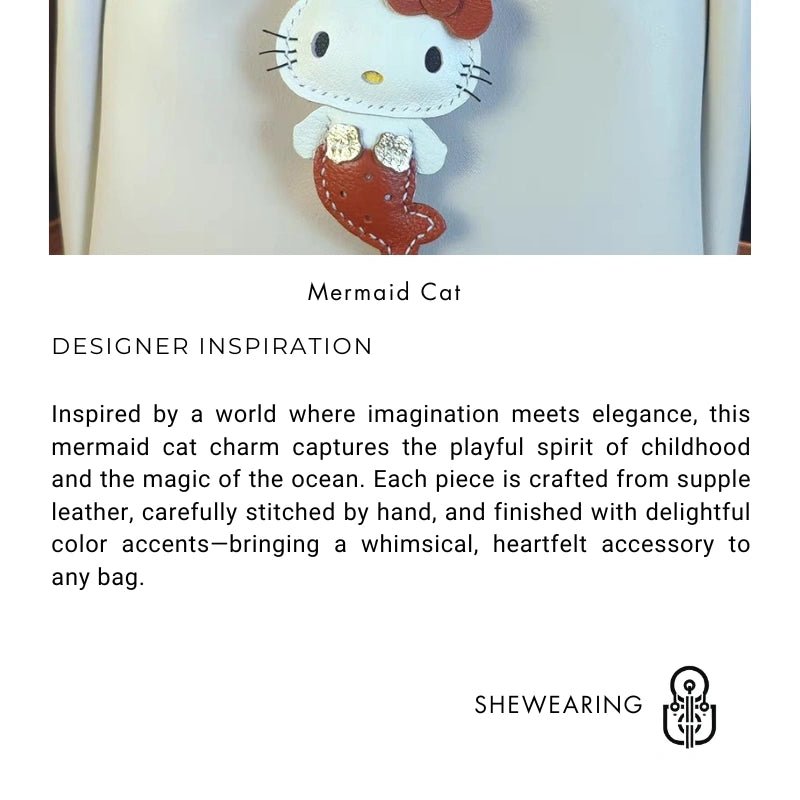 Mermaid Cat Leather Bag Charm – Handmade Genuine Leather Keychain | Cute Mermaid Pendant for Backpack, Purse & Car | Multi - Color Options for Girls - shewearing