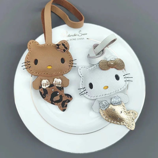 Mermaid Cat Leather Bag Charm – Handmade Genuine Leather Keychain | Cute Mermaid Pendant for Backpack, Purse & Car | Multi - Color Options for Girls - shewearing