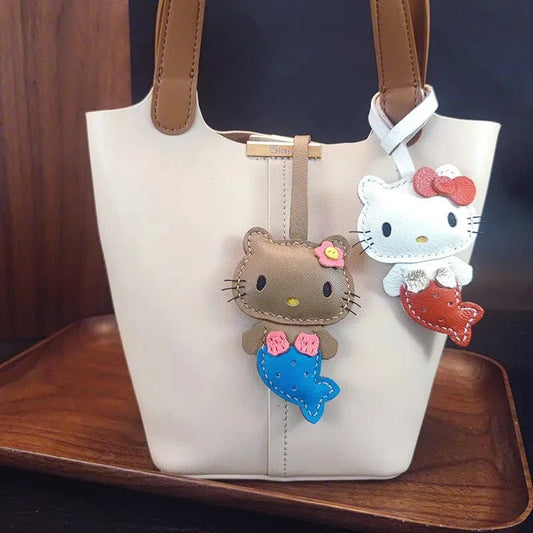 Mermaid Cat Leather Bag Charm – Handmade Genuine Leather Keychain | Cute Mermaid Pendant for Backpack, Purse & Car | Multi - Color Options for Girls - shewearing