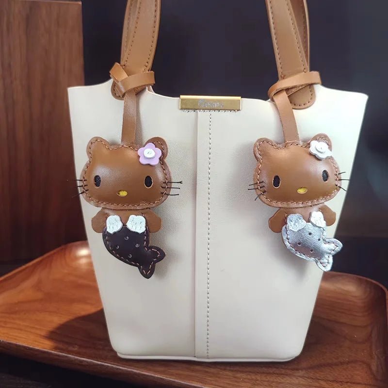 Mermaid Cat Leather Bag Charm – Handmade Genuine Leather Keychain | Cute Mermaid Pendant for Backpack, Purse & Car | Multi - Color Options for Girls - shewearing