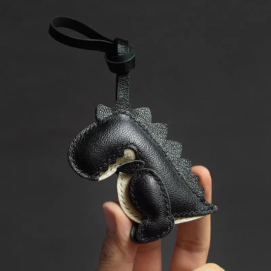 Midnight Dino Leather Bag Charm – Handcrafted Full - Grain Lambskin Keychain | Cute Dinosaur Ornament | Whimsical Gift for Adults & Kids - shewearing